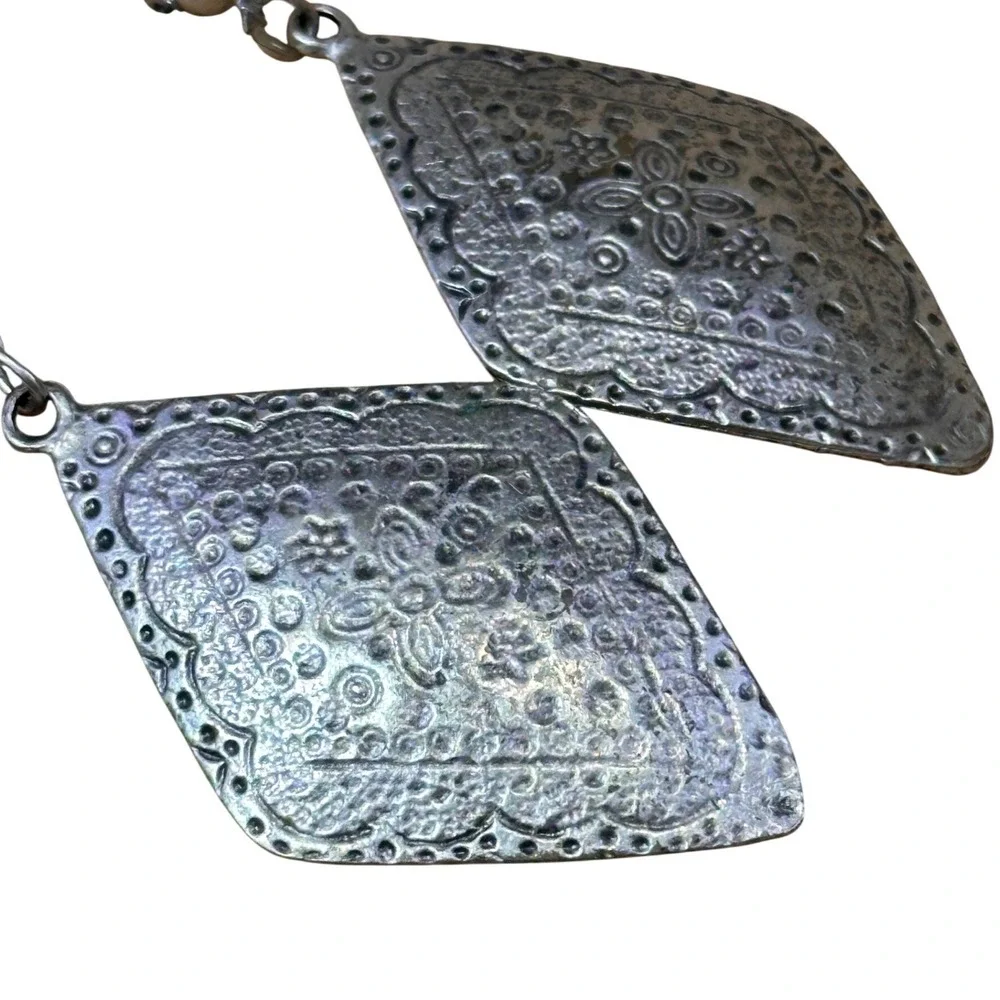 Handcrafted Silver Tone Embossed Diamond Drop Earrings Bohemian Floral Statement